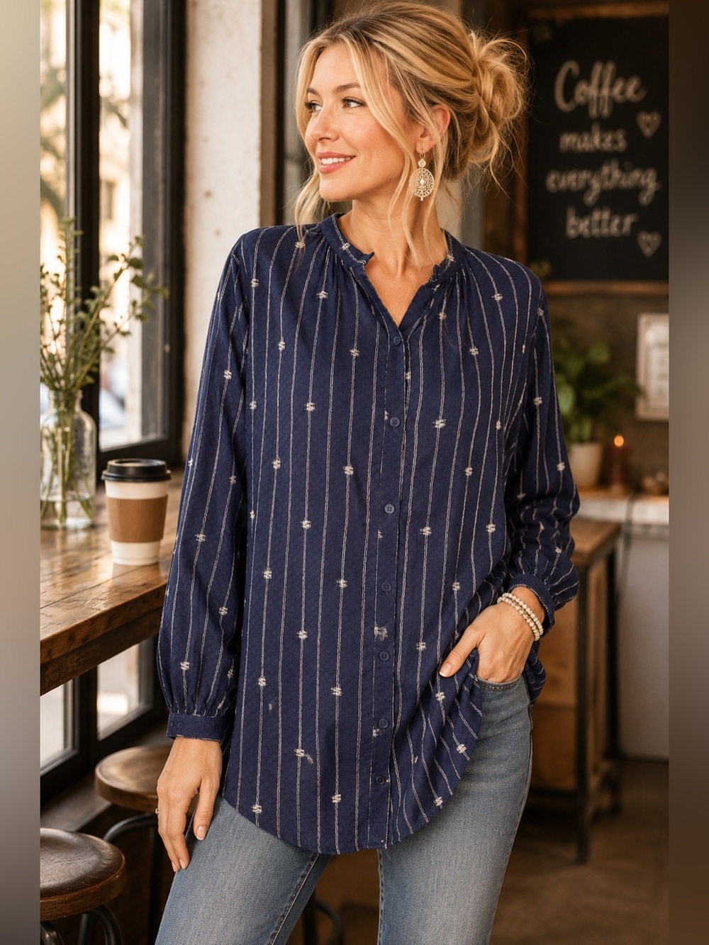 Lucky Brand Stripe Button Front Tunic Blouse | Size Large | Boho